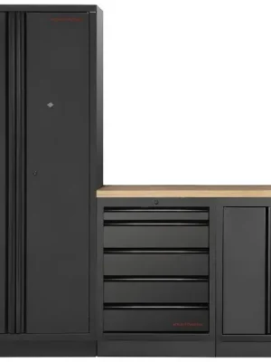 Dílenský stůl 2275x458x2000mm + skříň 4 dveře + 5 zásuvek, deska Multiplex MOBILIO BLACK dílenský nábytek