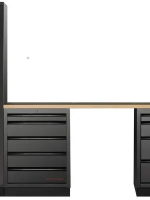 Dílenský stůl 2275x458x2000mm + skříň 1 dveře + 9 zásuvek, deska Multiplex MOBILIO BLACK dílenský nábytek