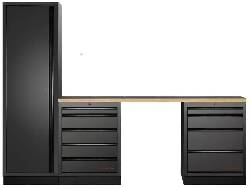 Dílenský stůl 2275x458x2000mm + skříň 1 dveře + 9 zásuvek, deska Multiplex MOBILIO BLACK dílenský nábytek