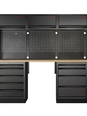 Dílenská stěna 3320x488x2000mm, deska Multiplex MOBILIO BLACK dílenský nábytek
