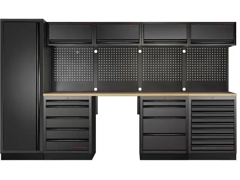 Dílenská stěna 3320x488x2000mm, deska Multiplex MOBILIO BLACK dílenský nábytek