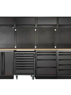 AKCE KW Dílenská stěna 3920x488x2000mm 9 zásuvek, skříňka a vozík, deska Multiplex MOBILIO BLACK dílenský nábytek
