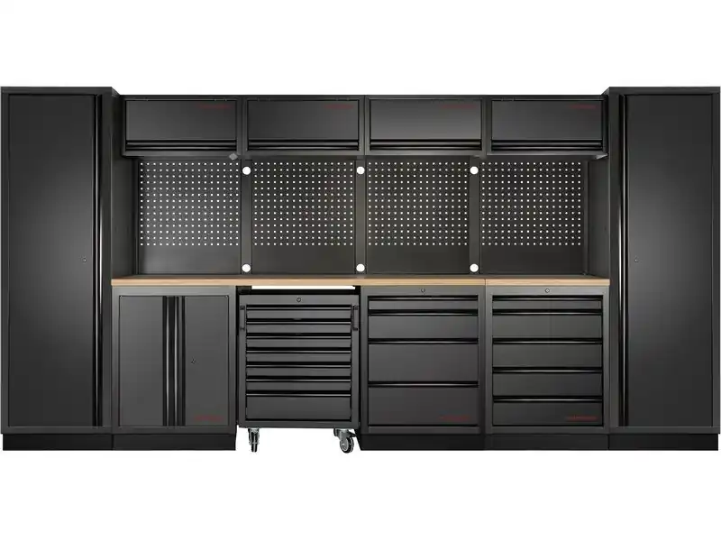 AKCE KW Dílenská stěna 3920x488x2000mm 9 zásuvek, skříňka a vozík, deska Multiplex MOBILIO BLACK dílenský nábytek