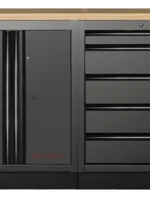 Dílenský stůl 1360x458x945mm, 2 dveře + 5 zásuvek, deska Multiplex MOBILIO BLACK dílenský nábytek