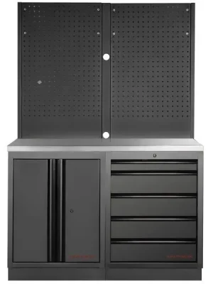 Dílenský stůl 1360x488x2000mm, 2 dveře + 5 zásuvek + záda, deska NEREZ MOBILIO BLACK dílenský nábytek