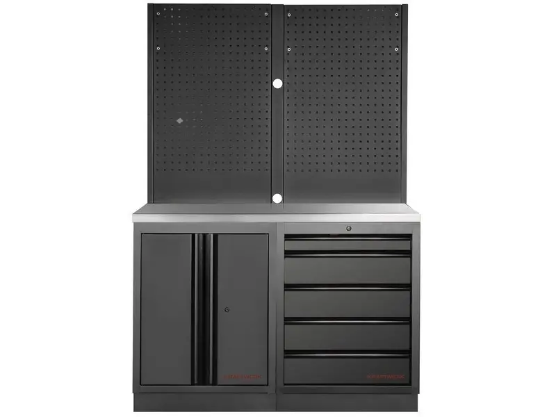 Dílenský stůl 1360x488x2000mm, 2 dveře + 5 zásuvek + záda, deska NEREZ MOBILIO BLACK dílenský nábytek