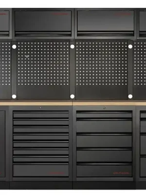 Dílenská stěna 2720x488x2000mm, deska Multiplex MOBILIO BLACK dílenský nábytek