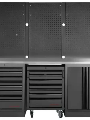 Dílenský stůl 2040x488x2000mm, 2 dveře + 15 zásuvek + záda, deska NEREZ MOBILIO BLACK dílenský nábytek