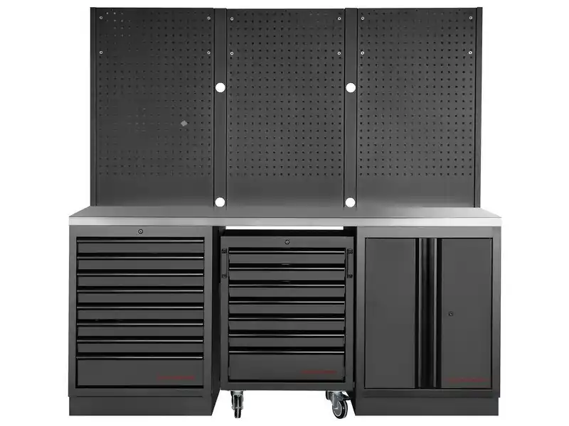 Dílenský stůl 2040x488x2000mm, 2 dveře + 15 zásuvek + záda, deska NEREZ MOBILIO BLACK dílenský nábytek