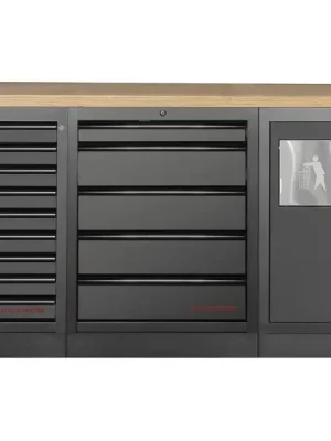 Dílenský stůl 2040x458x948mm, koš + 14 zásuvek + záda, deska Multiplex MOBILIO BLACK dílenský nábytek