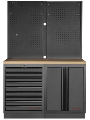 Dílenský stůl 1360x488x2000mm, 2 dveře + 9 zásuvek + záda, deska Multiplex MOBILIO BLACK dílenský nábytek