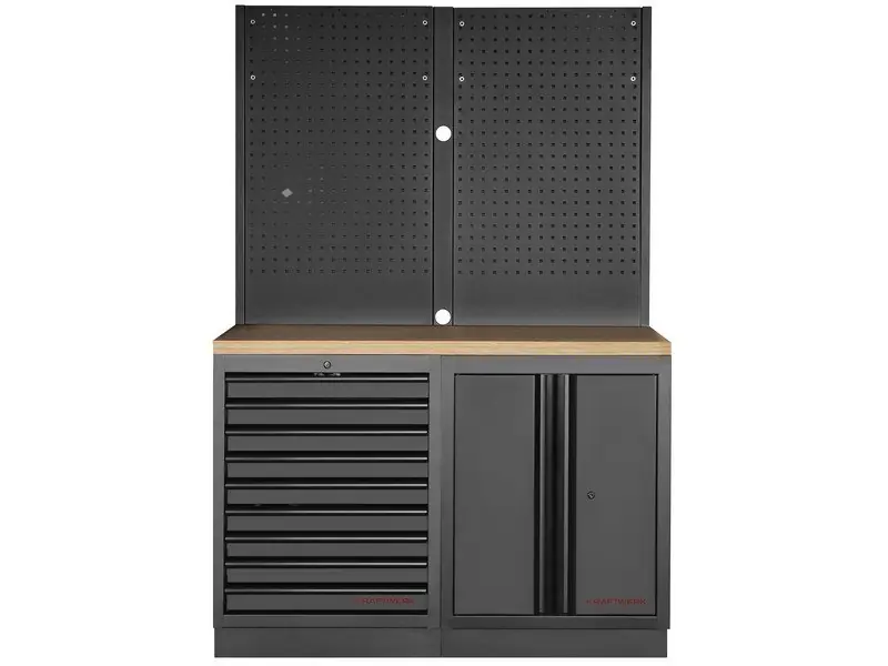 Dílenský stůl 1360x488x2000mm, 2 dveře + 9 zásuvek + záda, deska Multiplex MOBILIO BLACK dílenský nábytek