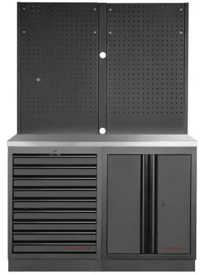 Dílenský stůl 1340x488x2000mm, 2 dveře + 15 zásuvek + záda, deska Multiplex MOBILIO BLACK dílenský nábytek
