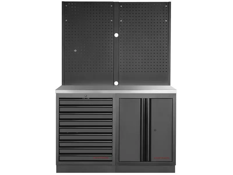 Dílenský stůl 1340x488x2000mm, 2 dveře + 15 zásuvek + záda, deska Multiplex MOBILIO BLACK dílenský nábytek