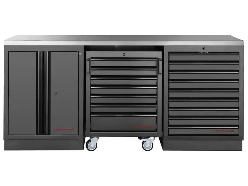 Dílenský stůl 2040x458x945mm, 2 dveře + 16 zásuvek, deska NEREZ MOBILIO BLACK dílenský nábytek