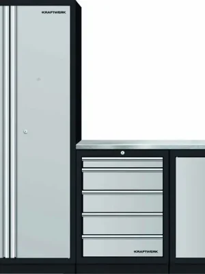 AKCE KW Dílenský stůl 2275x458x2000mm + skříň dveře + 5 zásuvek, deska NEREZ MOBILIO GREY dílenský nábytek