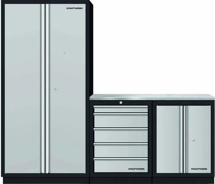 AKCE KW Dílenský stůl 2275x458x2000mm + skříň dveře + 5 zásuvek, deska NEREZ MOBILIO GREY dílenský nábytek
