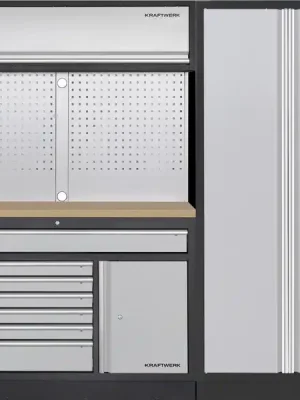 AKCE KW Dílenská stěna 2275x488x2000mm, deska Multiplex MOBILIO GREY dílenský nábytek