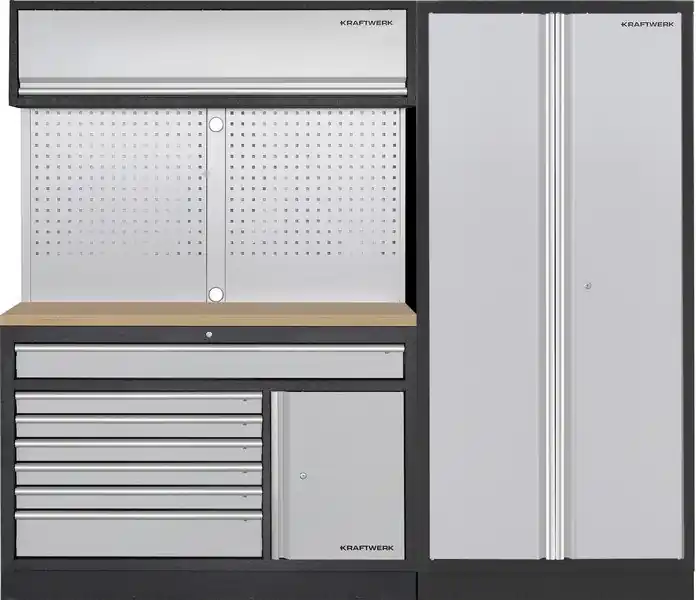AKCE KW Dílenská stěna 2275x488x2000mm, deska Multiplex MOBILIO GREY dílenský nábytek