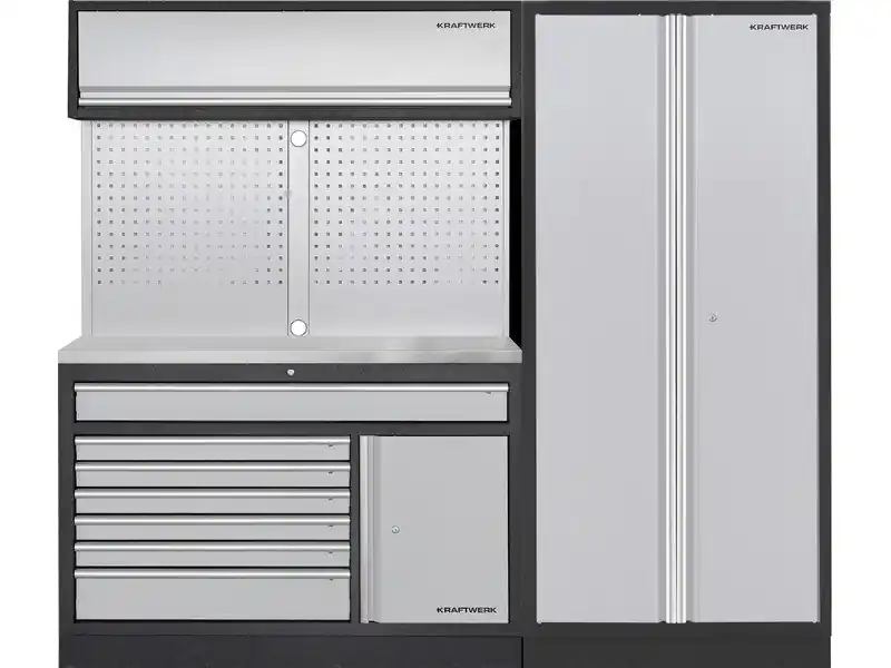 AKCE KW Dílenská stěna 2240x488x2000mm, deska NEREZ MOBILIO GREY dílenský nábytek