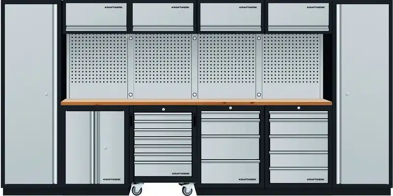 AKCE KW Dílenská stěna 3920x488x2000mm 9 zásuvek, skříňka a vozík, deska Multiplex MOBILIO GREY dílenský nábytek