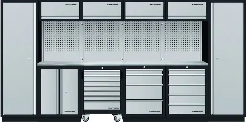 AKCE KW Dílenská stěna 3920x488x2000mm 9 zásuvek, skříňka a vozík, deska NEREZ MOBILIO GREY dílenský nábytek