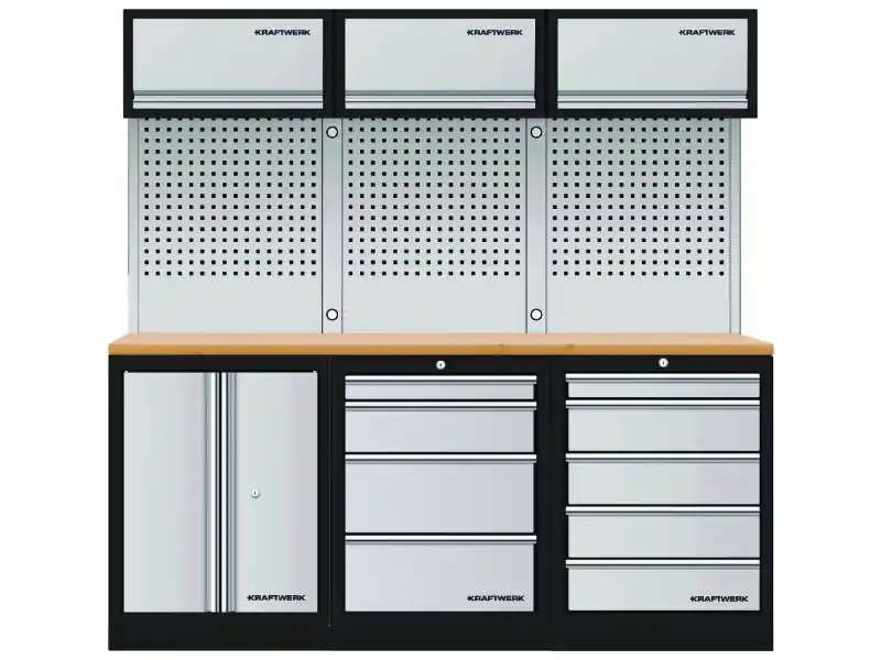 AKCE KW Dílenská stěna 2040x488x2000mm, deska Multiplex MOBILIO GREY dílenský nábytek