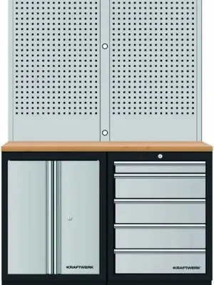 AKCE KW Dílenský stůl 1360x488x2000mm, 2 dveře + 5 zásuvek + záda, deska Multiplex MOBILIO GREY dílenský nábytek