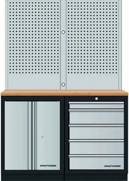 AKCE KW Dílenský stůl 1360x488x2000mm, 2 dveře + 5 zásuvek + záda, deska Multiplex MOBILIO GREY dílenský nábytek