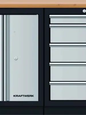 AKCE KW Dílenský stůl 1360x458x945mm, 2 dveře + 5 zásuvek, deska Multiplex MOBILIO GREY dílenský nábytek