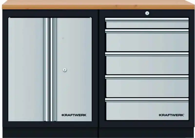 AKCE KW Dílenský stůl 1360x458x945mm, 2 dveře + 5 zásuvek, deska Multiplex MOBILIO GREY dílenský nábytek