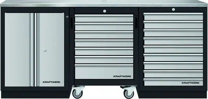 AKCE KW Dílenský stůl 2040x458x948mm, 2 dveře + 16 zásuvek, deska NEREZ MOBILIO GREY dílenský nábytek
