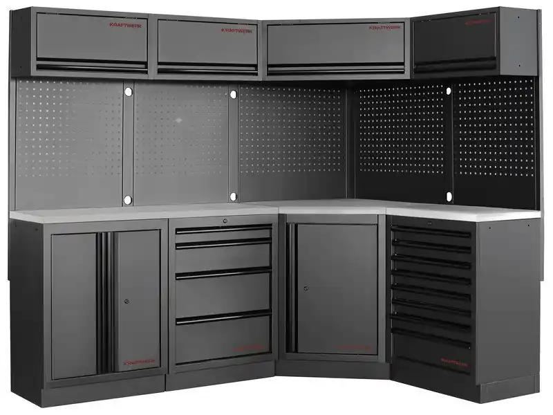 Dílenská stěna rohová 2254/1574x488x2000mm, deska NEREZ MOBILIO BLACK dílenský nábytek