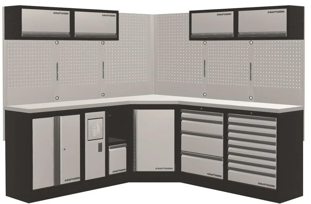 AKCE KW Dílenská stěna rohová 2254/2254x488x2000mm, deska NEREZ MOBILIO GREY dílenský nábytek