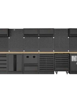 Dílenská stěna 5910x488x2000mm, 24 zásuvek, 7 skříněk a vozík, deska Multiplex MOBILIO BLACK dílenský nábytek