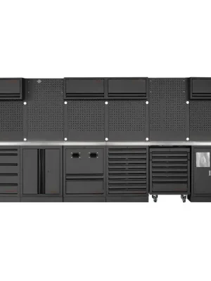 Dílenská stěna 5910x488x2000mm, 24 zásuvek, 7 skříněk a vozík,NEREZ MOBILIO BLACK dílenský nábytek