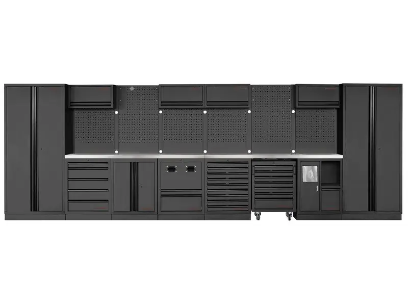 Dílenská stěna 5910x488x2000mm, 24 zásuvek, 7 skříněk a vozík,NEREZ MOBILIO BLACK dílenský nábytek
