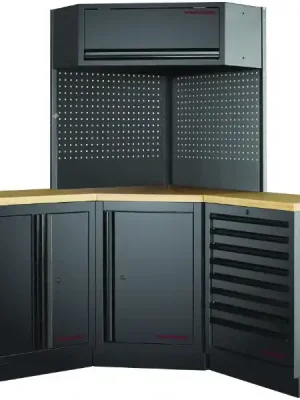 AKCE KW Dílenská stěna rohová 1574/1574x488x2000mm, deska Multiplex MOBILIO BLACK dílenský nábytek