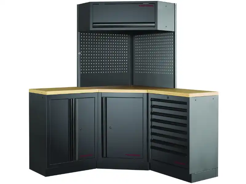 AKCE KW Dílenská stěna rohová 1574/1574x488x2000mm, deska Multiplex MOBILIO BLACK dílenský nábytek