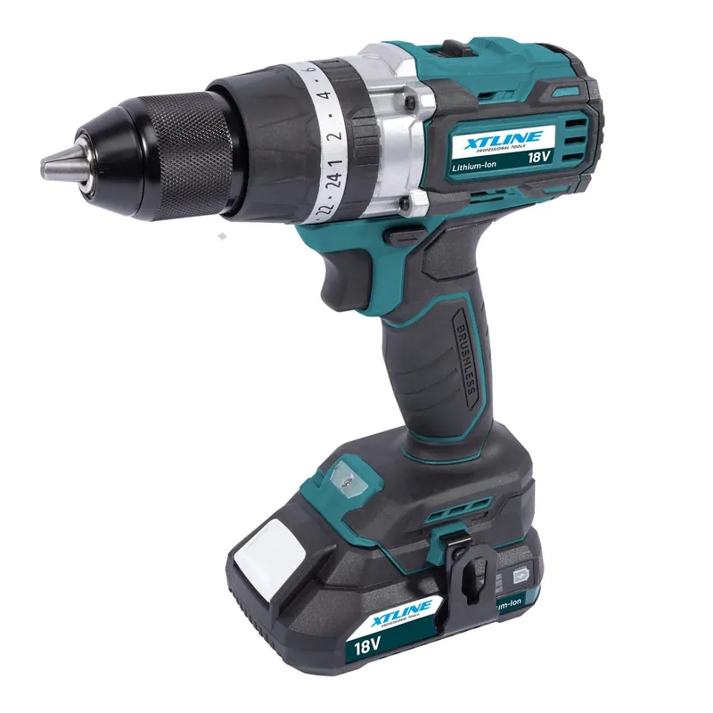 AKCE XT Aku vrtačka s příklepem bezuhlíková 18 V /70 Nm + 2 baterie 2.0 Ah + nabíječka 2.4 A XTLINE