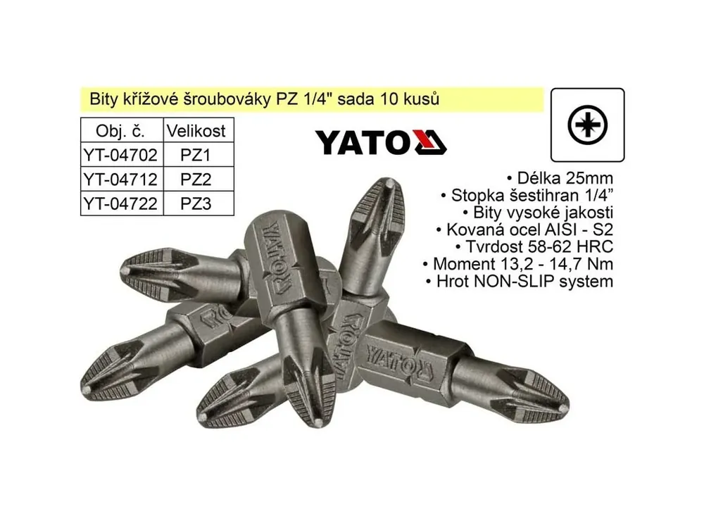 Bit křížový šroubovák PZ3x25mm 1/4" sada 10 kusů YT-04722