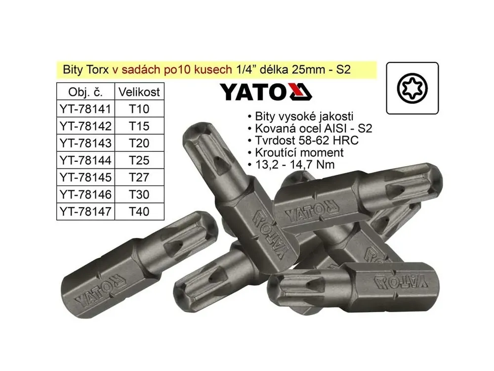 Bit Torx T15x25mm 1/4' sada 10 kusů YT-78142
