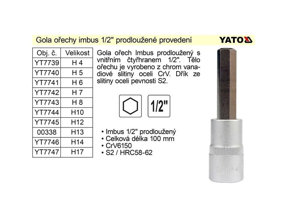 Gola ořech imbus 1/2" prodloužený H12 YT-7745