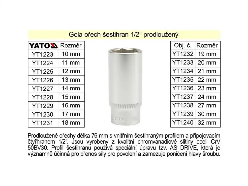 Gola ořech šestihran 1/2" prodloužený 23mm
