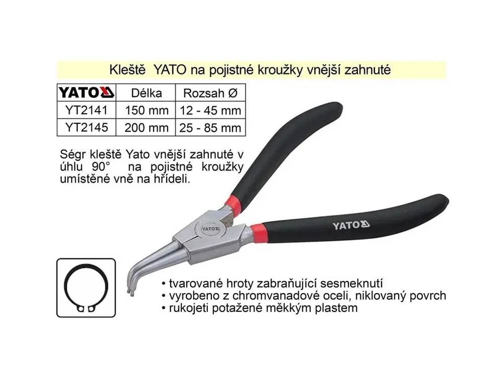 Kleště YATO na pojistné kroužky 150 mm vnější zahnuté