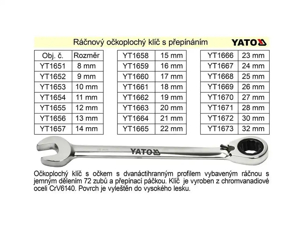 YATO Ráčnový klíč očkoplochý s přepínáním 10mm