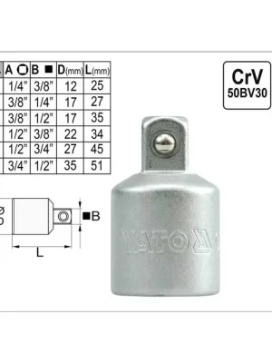 Redukce YATO vnější čtyřhran 1/2" - vnitřní čtyřhran 3/4"