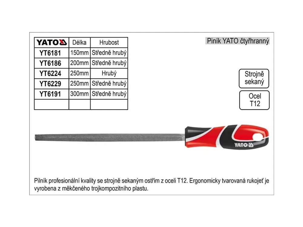 Pilník YATO čtyřhranný délka 250mm středně hrubý