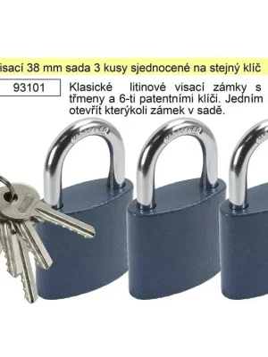 Zámky visací 38 mm sada 3 kusy sjednocené na stejný klíč