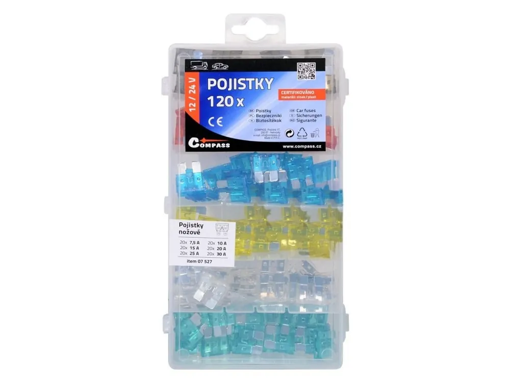 Pojistky nožové sada 120ks 7,5/10/15/20/25/30Amp